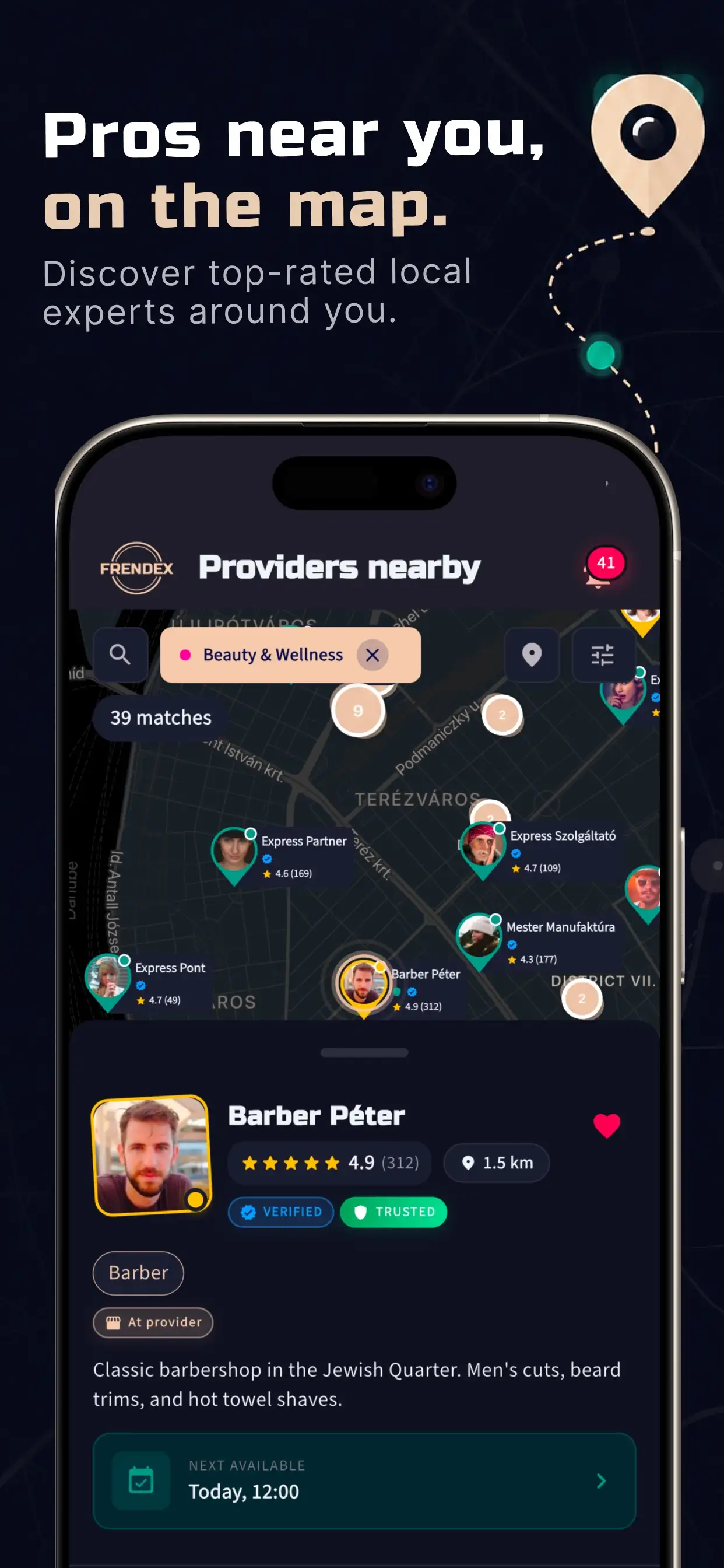 Live map of nearby providers with photo pins and ratings