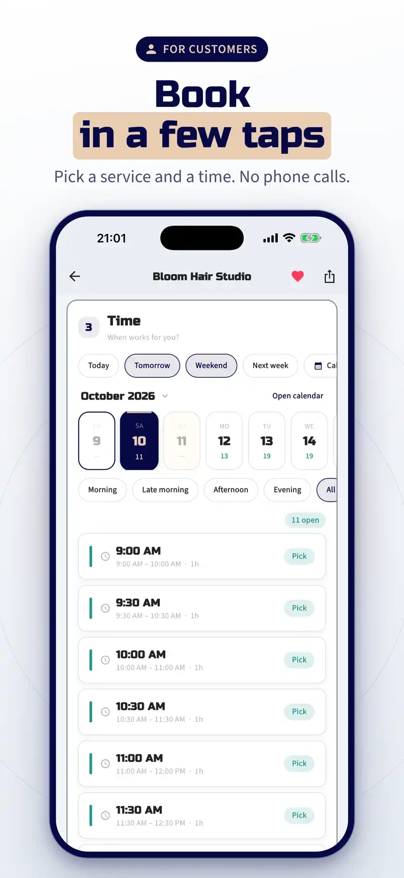 Book in a few taps: pick a day and a free time slot, no phone calls