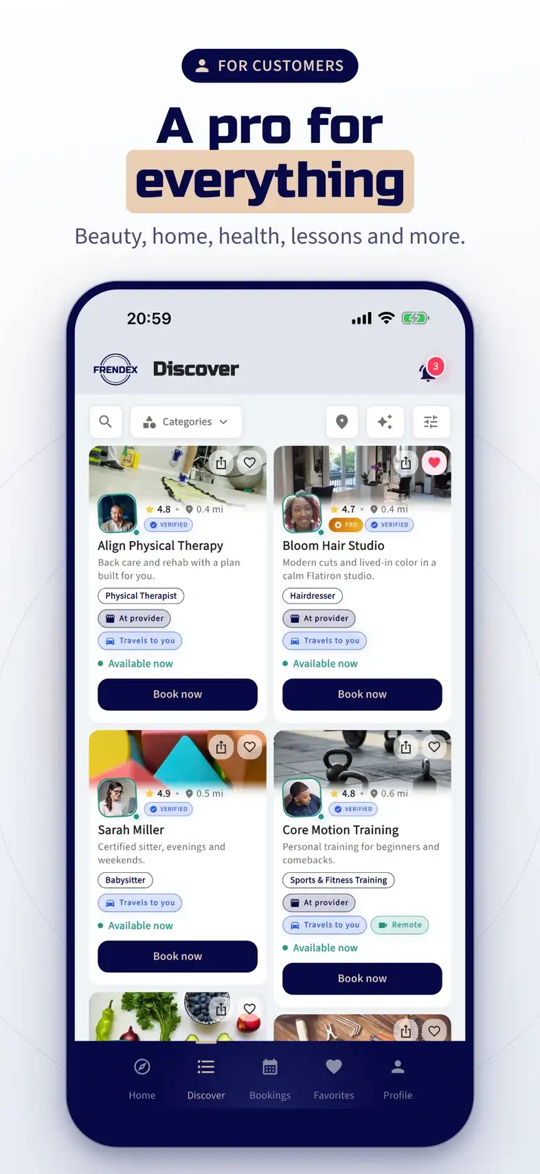 A pro for everything: browse provider cards with ratings, distance and a book button