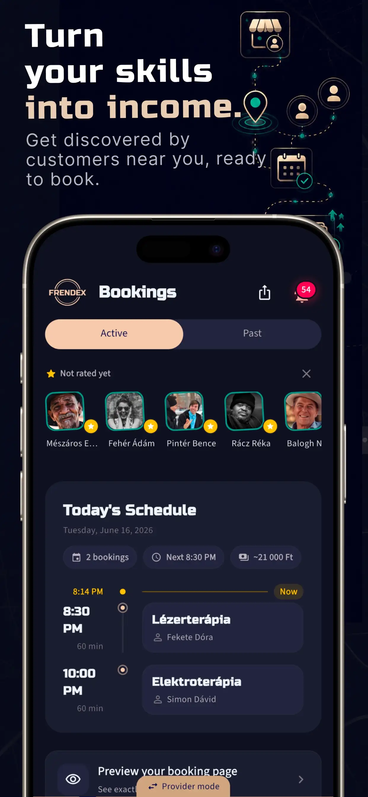Provider view: daily agenda, bookings and customer ratings