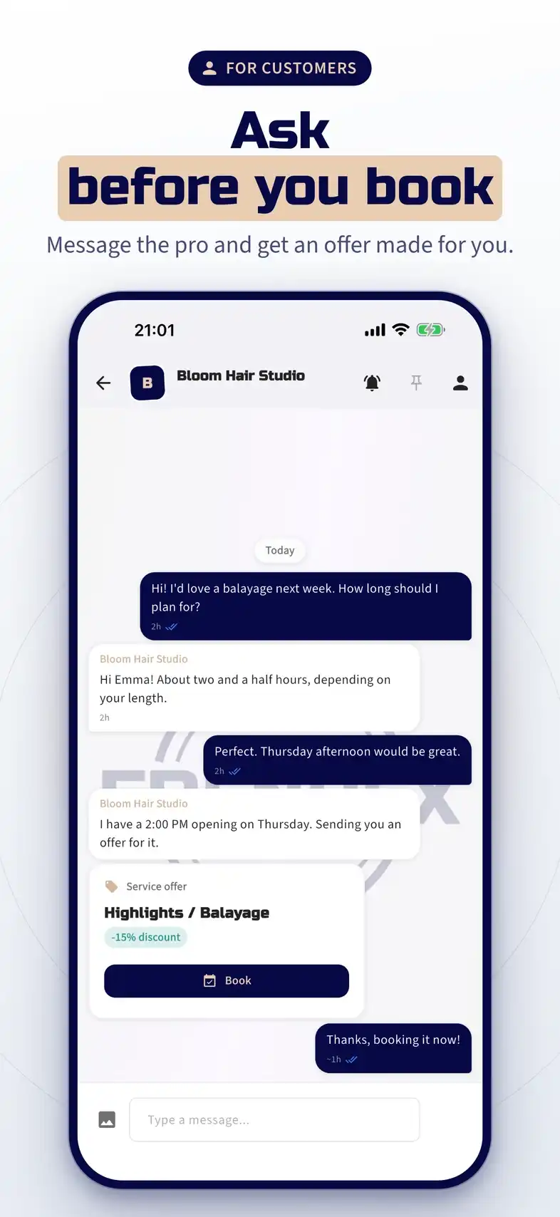 Ask before you book: chat with the pro and get a tailored offer