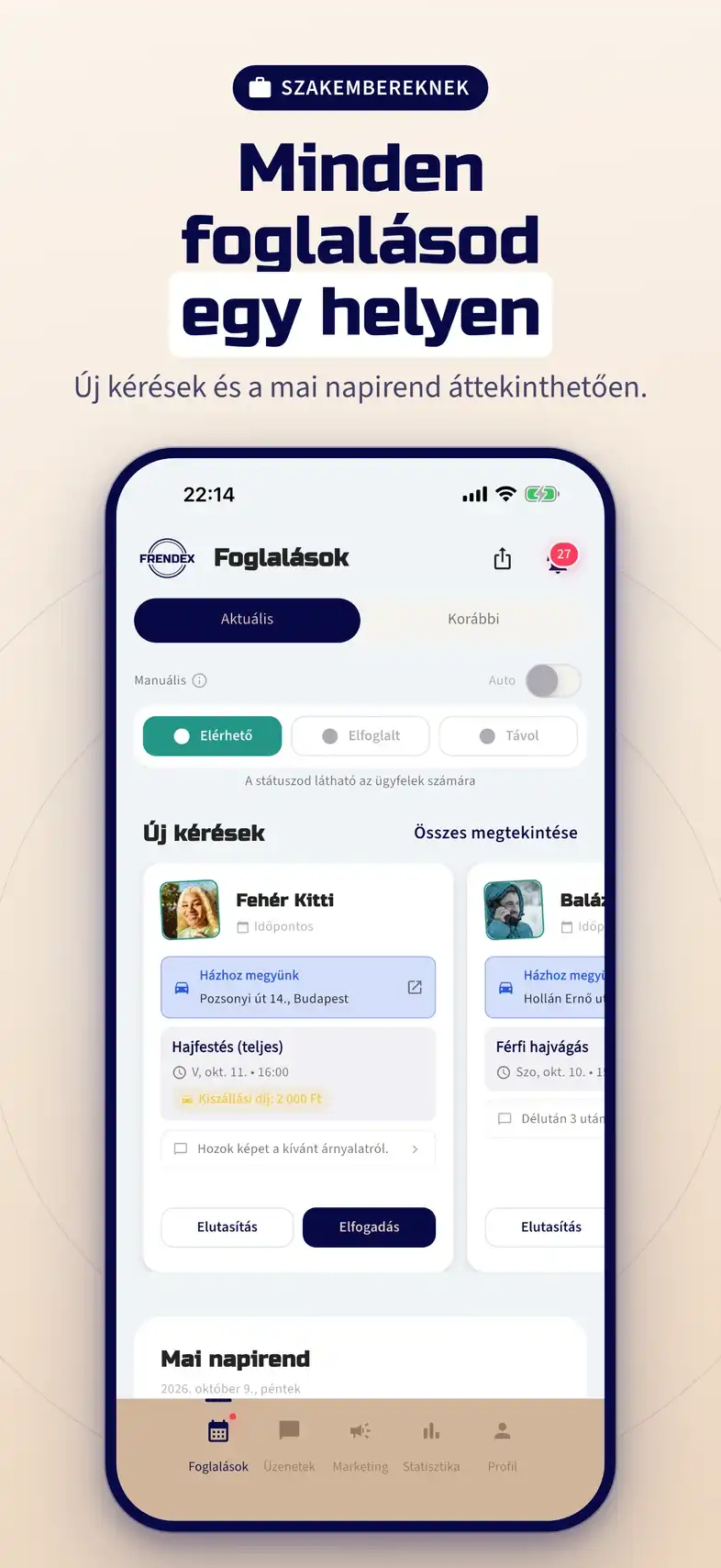 Minden foglalásod egy helyen: szolgáltatói nézet új kérésekkel és a mai napirenddel