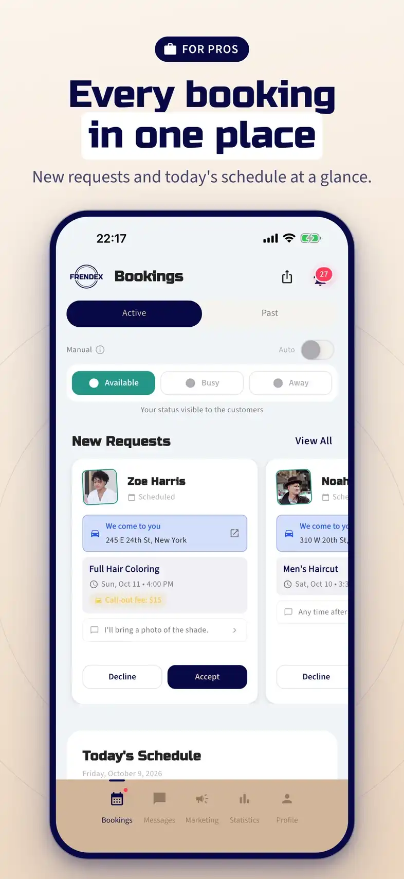 Every booking in one place: the provider view with new requests and today's schedule