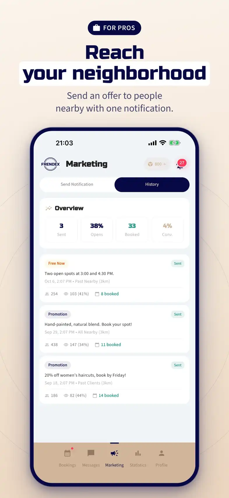 Reach your neighborhood: push marketing campaigns with open and booking results