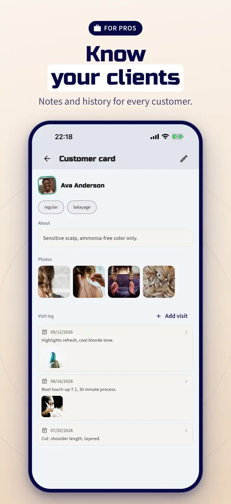 Know your clients: a client card with notes, photos and a visit log