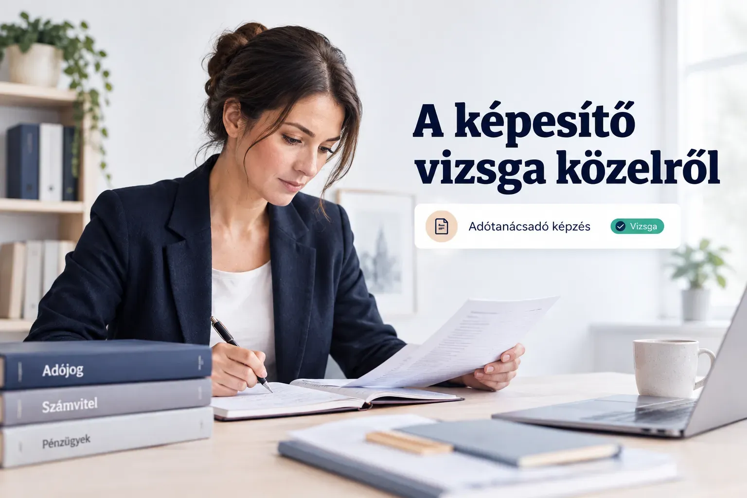 Adótanácsadó képzés közben zajló képesítő vizsga, vizsgázó és bizottság egy tárgyalóteremben