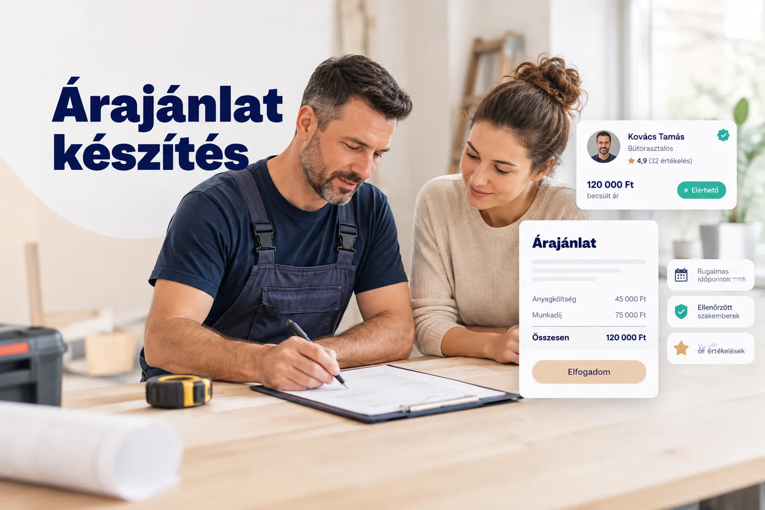 Árajánlat készítés lépései táblagépen megjelenített üzleti dokumentumon és számológépen