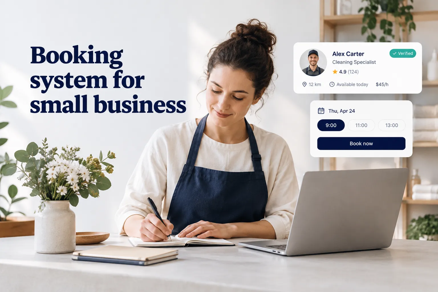 Small business owner managing appointments with a booking system for small business on a laptop