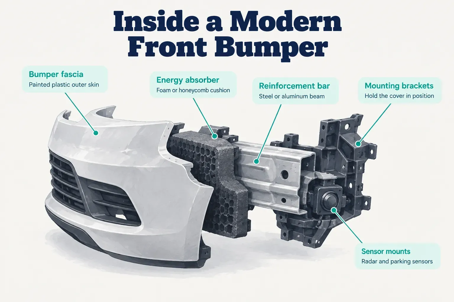 Diagram, Inside a Modern Front Bumper. Bumper fascia, Painted plastic outer skin; Energy absorber, Foam or honeycomb…