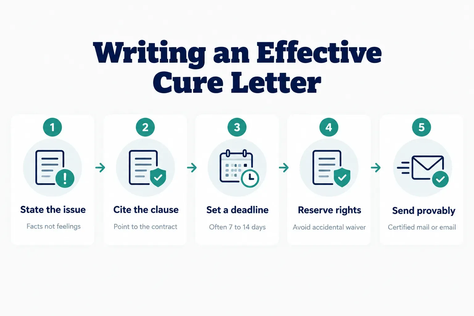 Step-by-step diagram, Writing an Effective Cure Letter. 1. State the issue, Facts not feelings; 2. Cite the clause, Point…