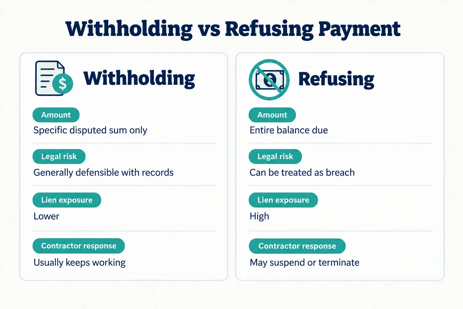 Comparison table, Withholding vs Refusing Payment. Amount, Withholding: Specific disputed sum only; Refusing: Entire…
