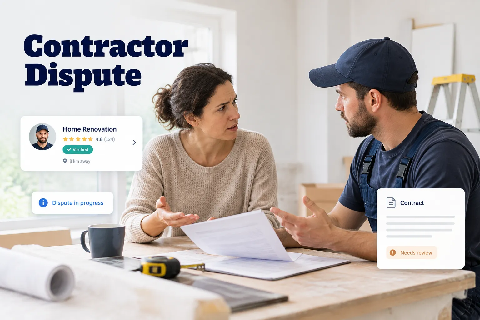 Contractor and homeowner reviewing a contract during a disagreement over construction work