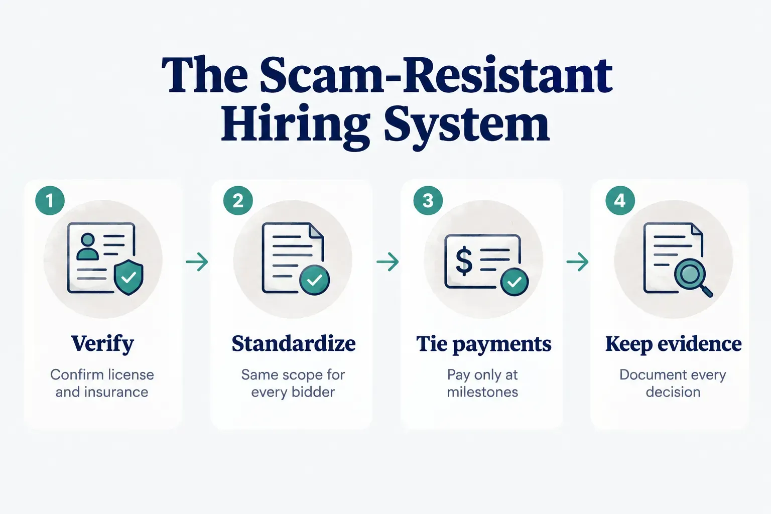 Step-by-step diagram, The Scam-Resistant Hiring System. 1. Verify, Confirm license and insurance; 2. Standardize, Same…