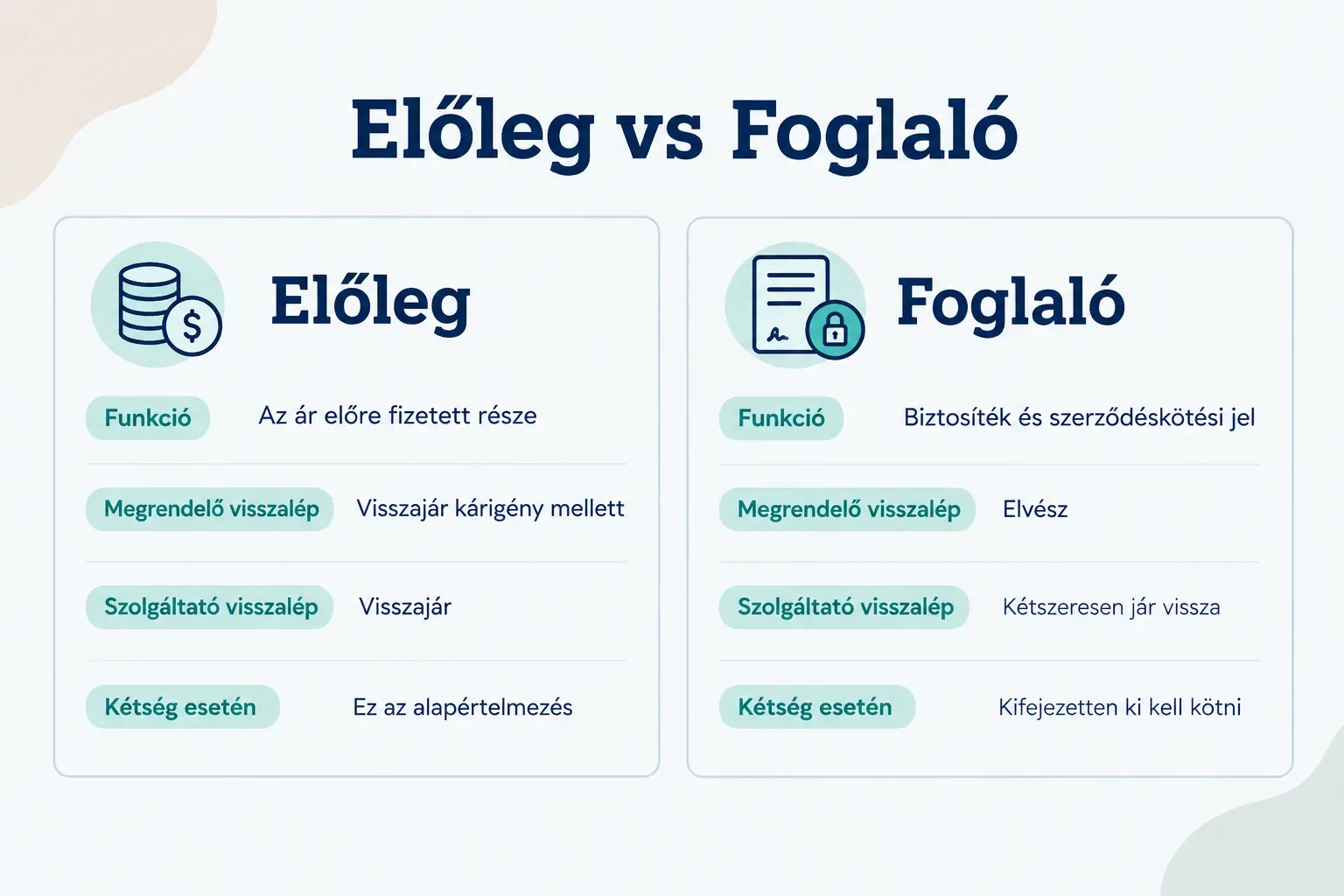 Comparison table, Előleg vs Foglaló. Funkció, Előleg: Az ár előre fizetett része; Foglaló: Biztosíték és szerződéskötési…