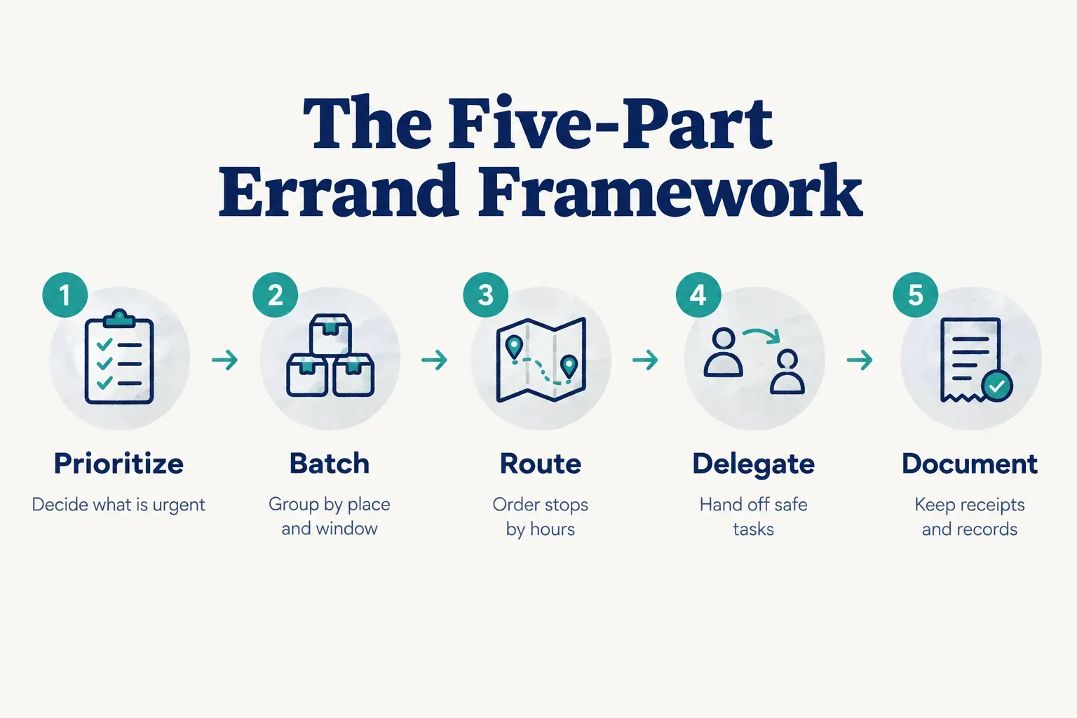 Step-by-step diagram, The Five-Part Errand Framework. 1. Prioritize, Decide what is urgent; 2. Batch, Group by place and…