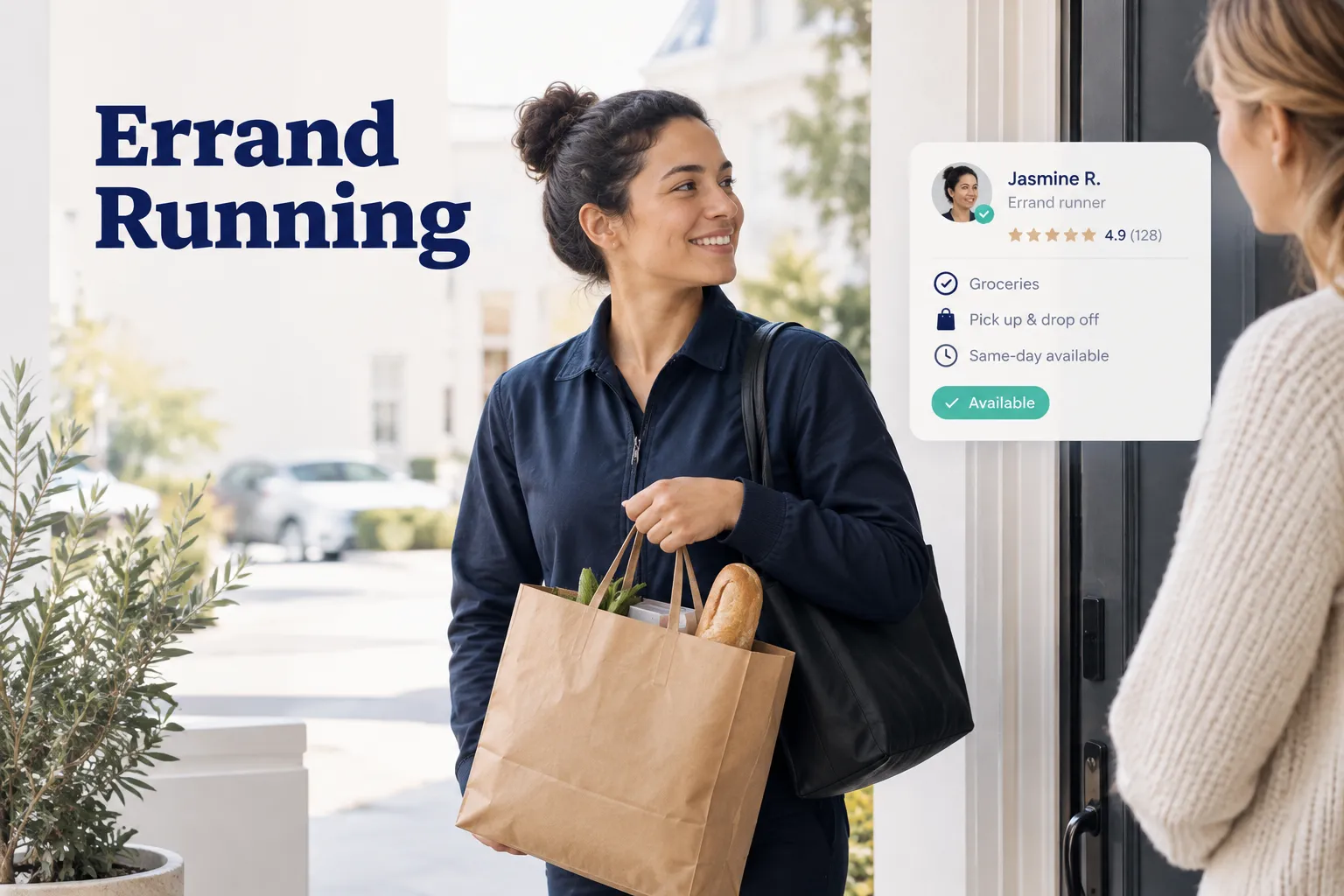 Person checking off tasks on a to-do list while errand running through the city with shopping bags