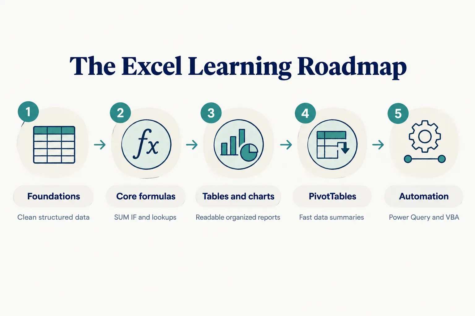 Step-by-step diagram, The Excel Learning Roadmap. 1. Foundations, Clean structured data; 2. Core formulas, SUM IF and…