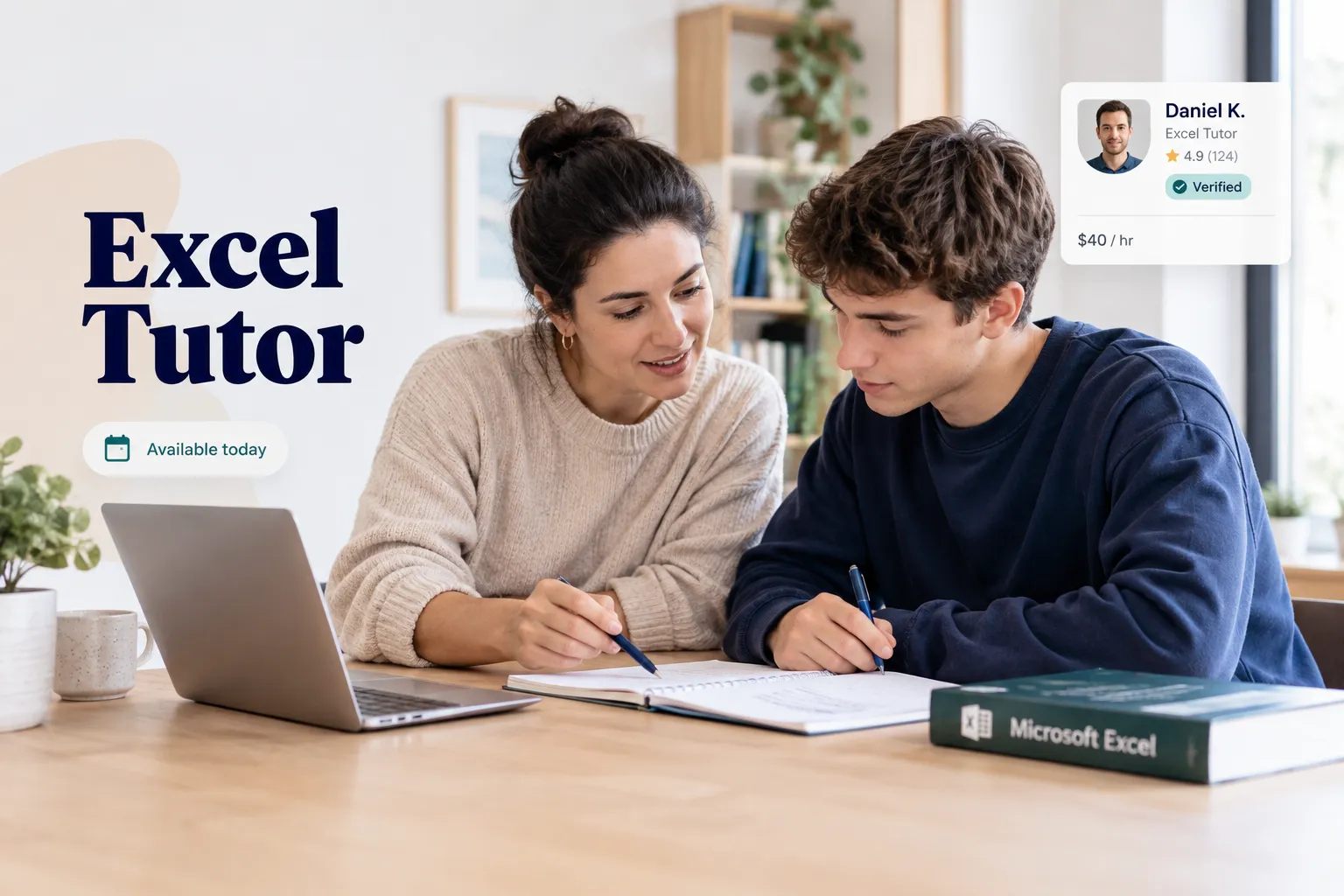 Excel tutor helping a student learn spreadsheet formulas and data analysis techniques