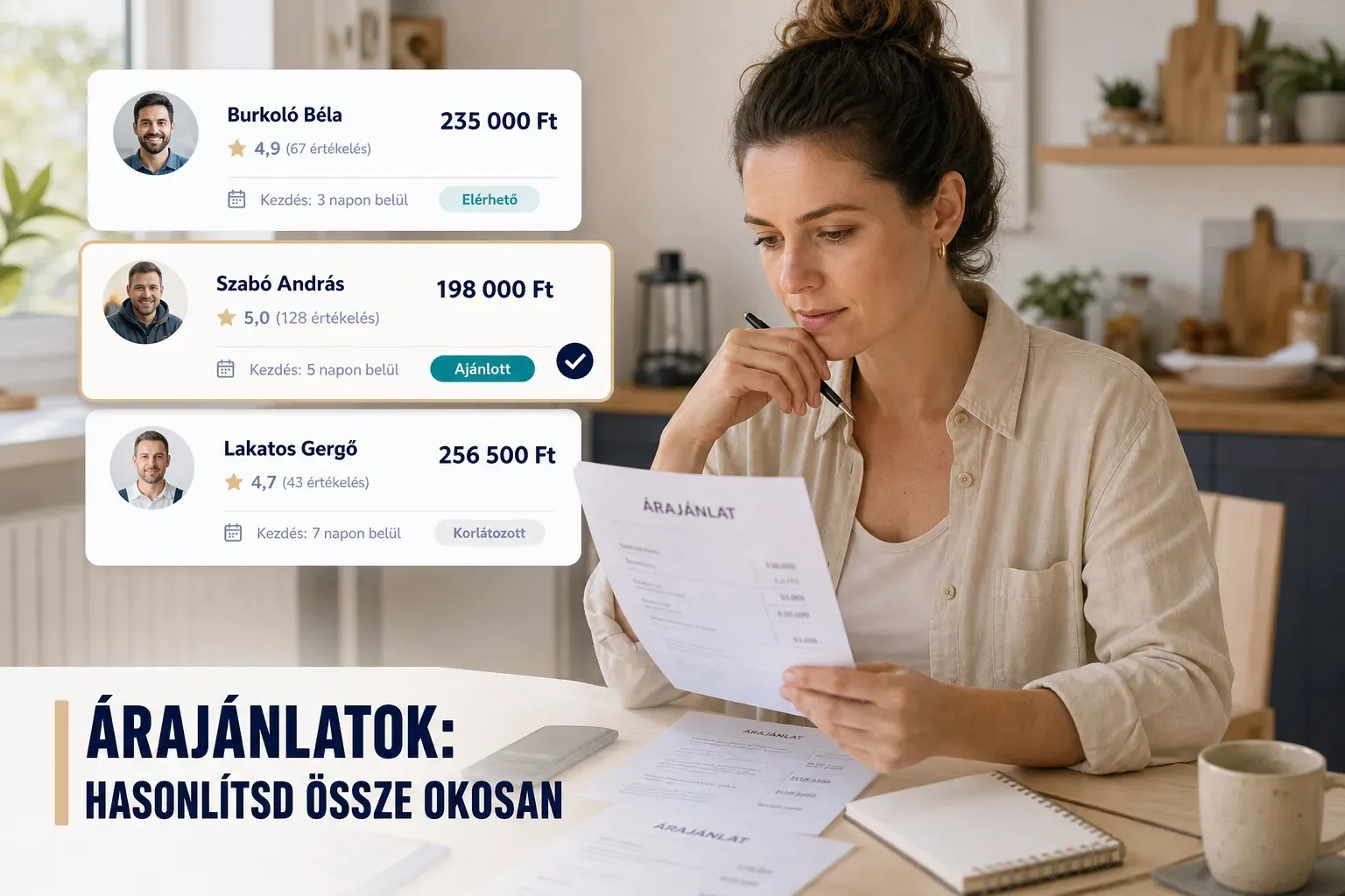 Hogyan találj jó szakembert: árajánlatok összehasonlítása okosan, több szakember ajánlatával egy asztalon