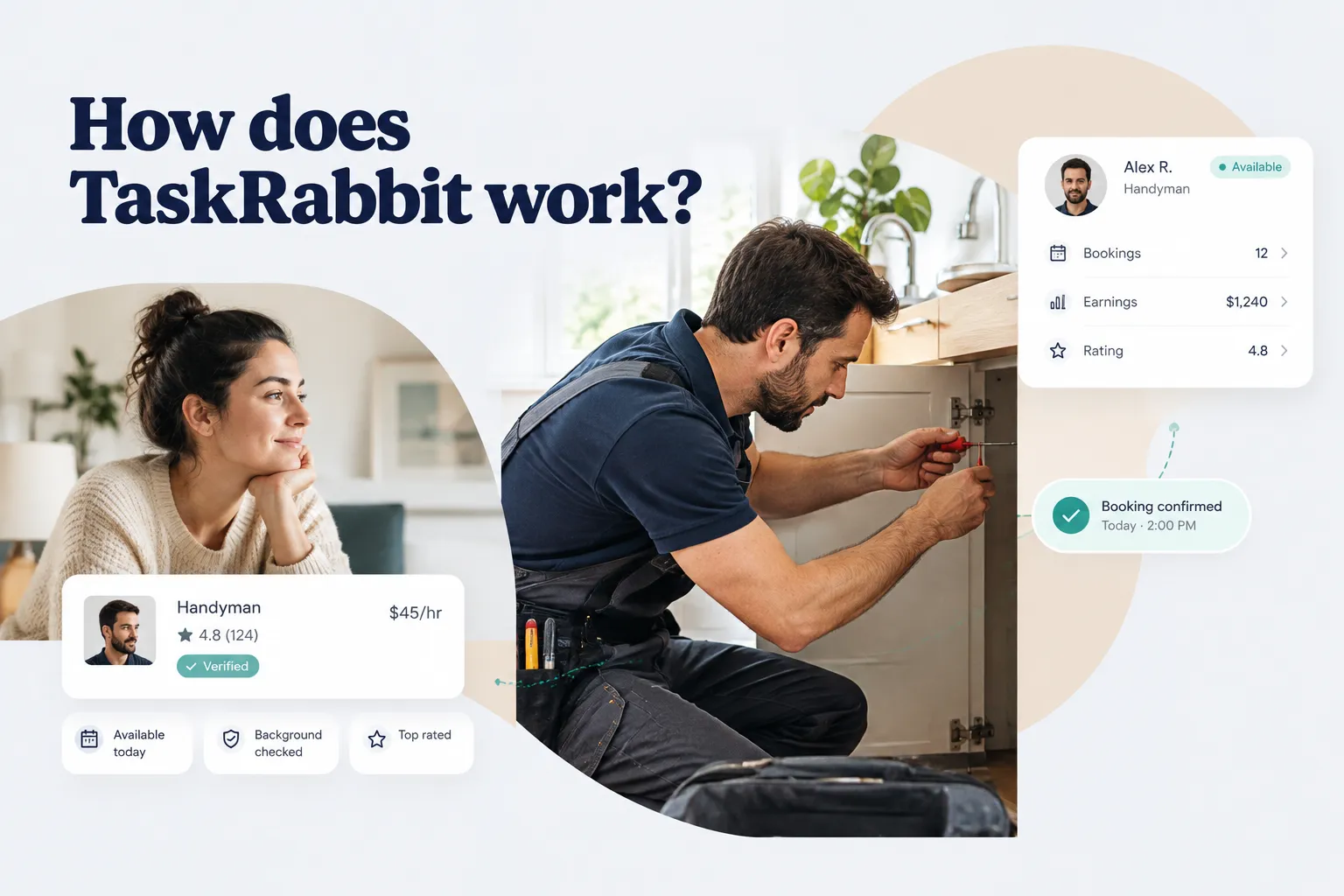 TaskRabbit app screen showing how does TaskRabbit work, connecting users with local Taskers for hire