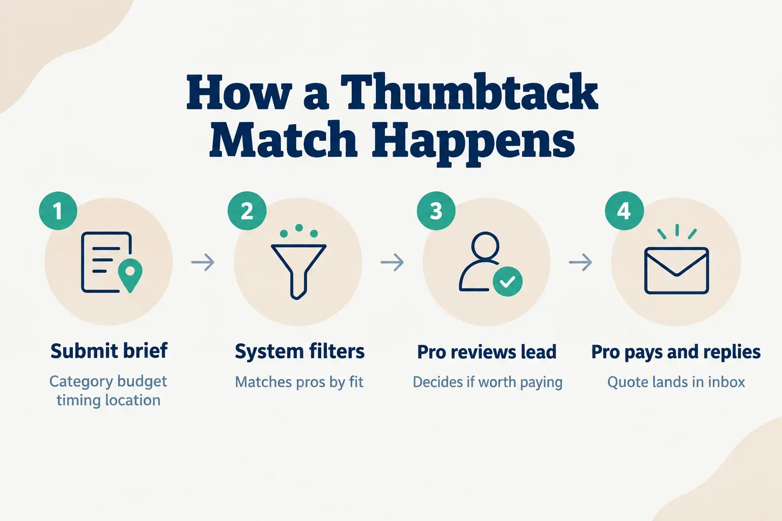 Step-by-step diagram, How a Thumbtack Match Happens. 1. Submit brief, Category budget timing location; 2. System filters…