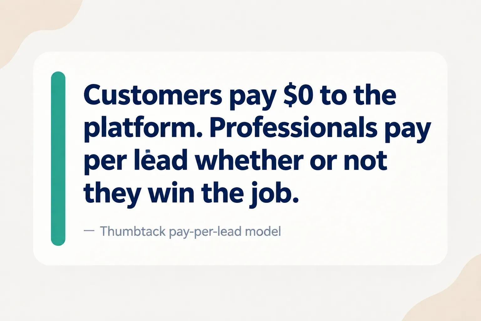 Key insight: Customers pay $0 to the platform. Professionals pay per lead whether or not they win the job., Thumbtack…