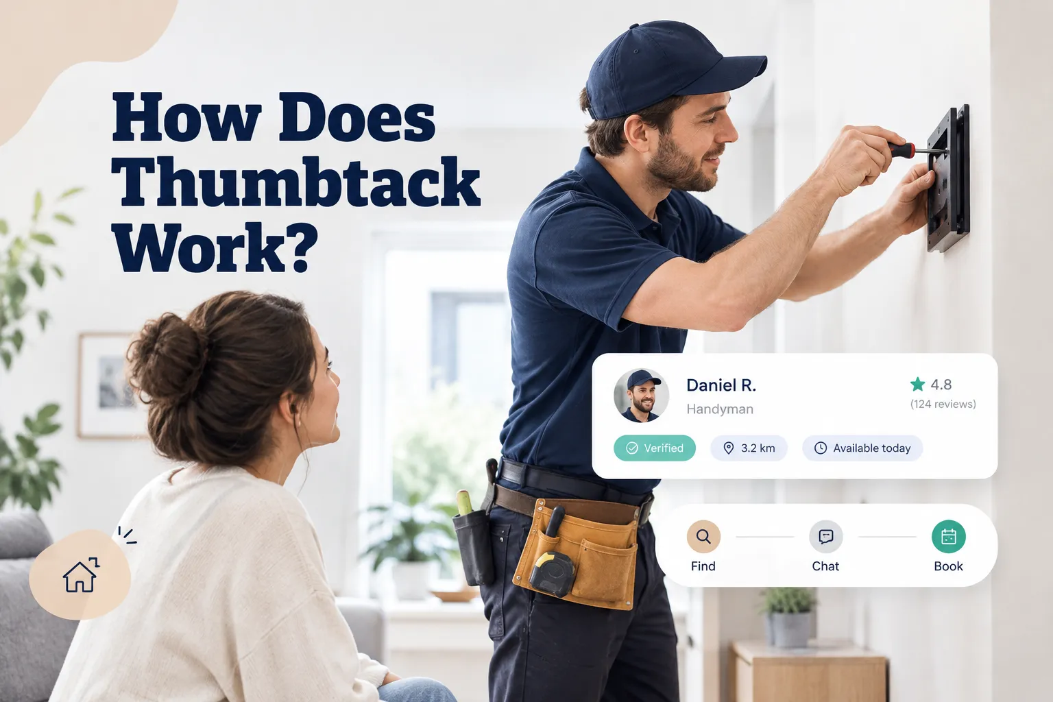 Thumbtack app screen showing how does Thumbtack work by matching users with local service professionals