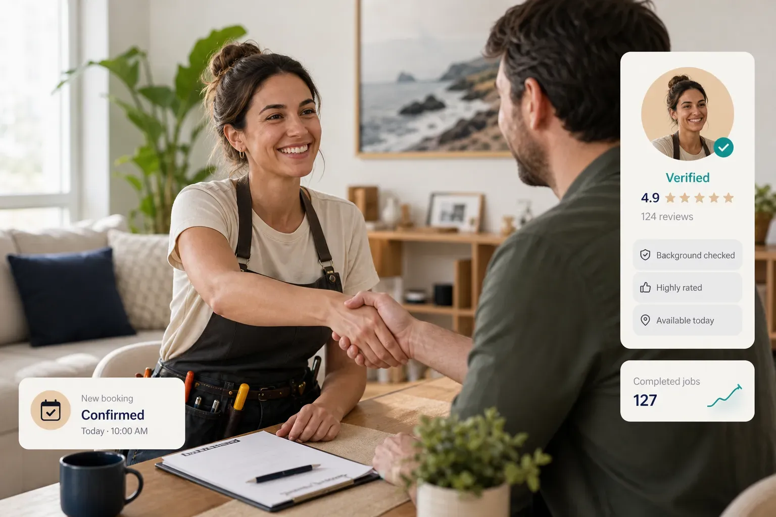 Freelancer shaking hands with a new client after learning how to get clients for their business