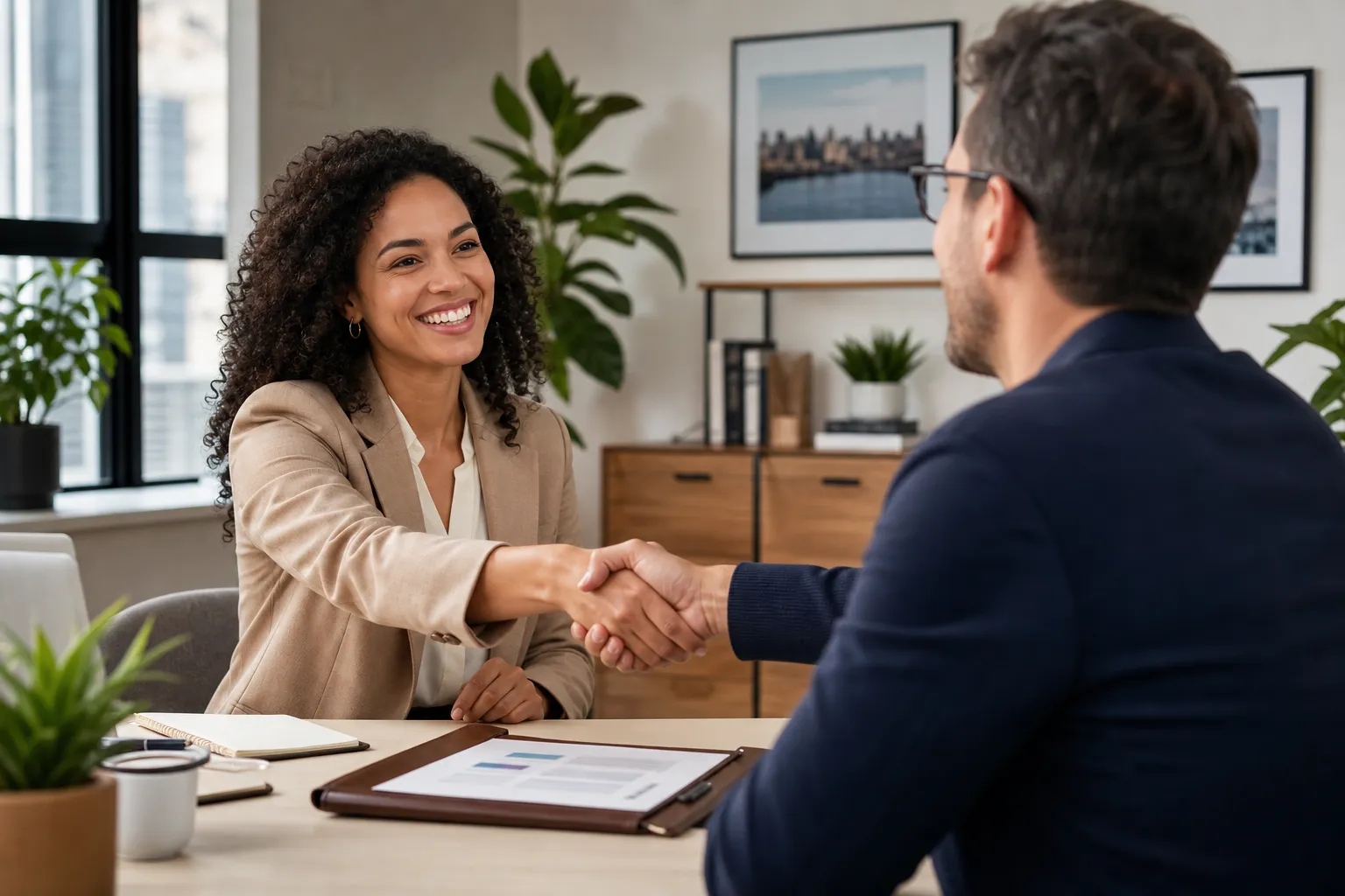 Business professional shaking hands with a new client after a successful meeting, showing how to get clients