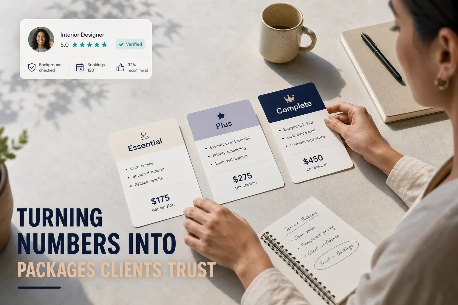 Pricing tiers laid out as clear service packages, showing how to price your services in a way clients trust
