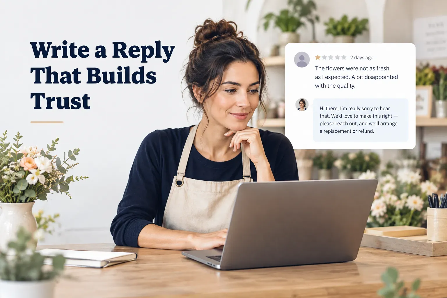 Business owner typing a calm, professional reply on laptop showing how to respond to a bad review to build trust