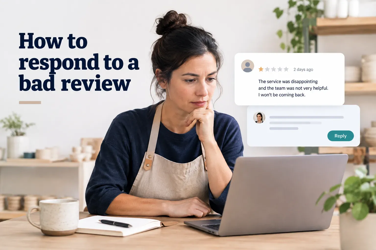 Business owner typing a calm, professional reply on a laptop to respond to a bad review from a customer