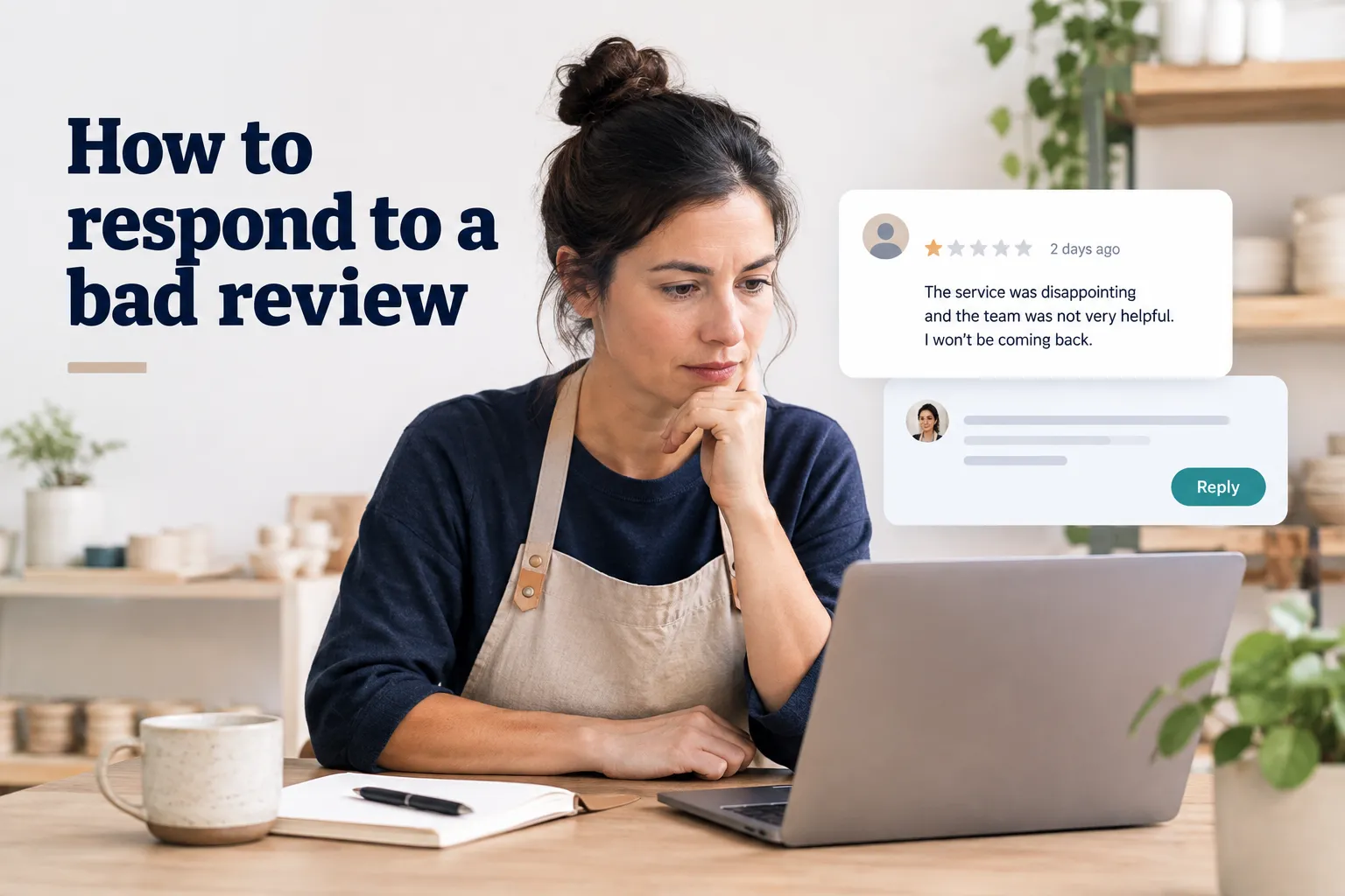 Business owner typing a calm, professional reply on a laptop to respond to a bad review from a customer