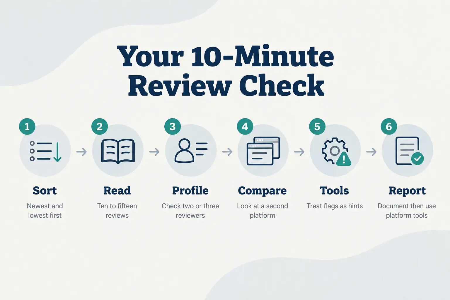 Step-by-step diagram, Your 10-Minute Review Check. 1. Sort, Newest and lowest first; 2. Read, Ten to fifteen reviews; 3…