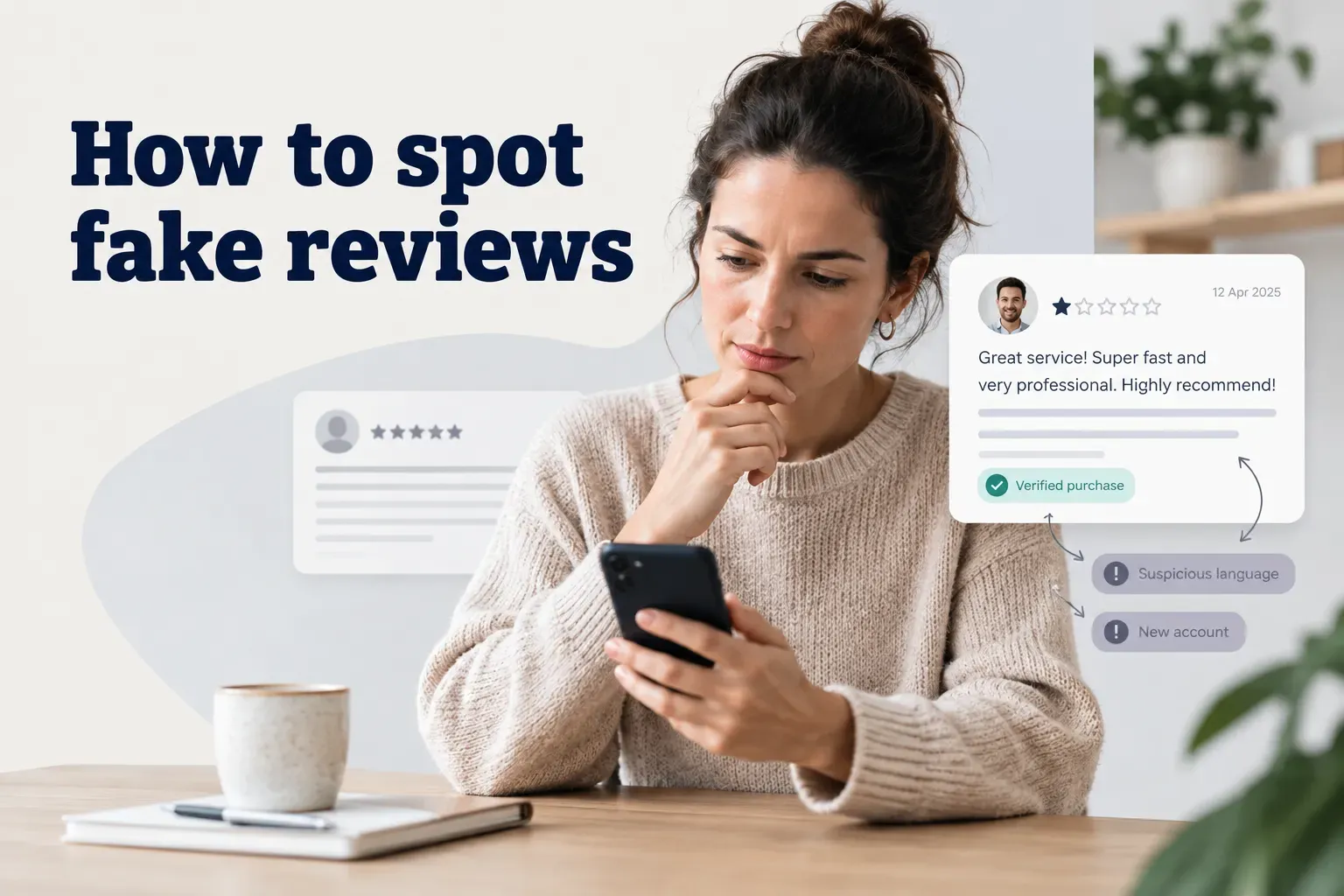 Magnifying glass highlighting suspicious star ratings and text, illustrating how to spot fake reviews online