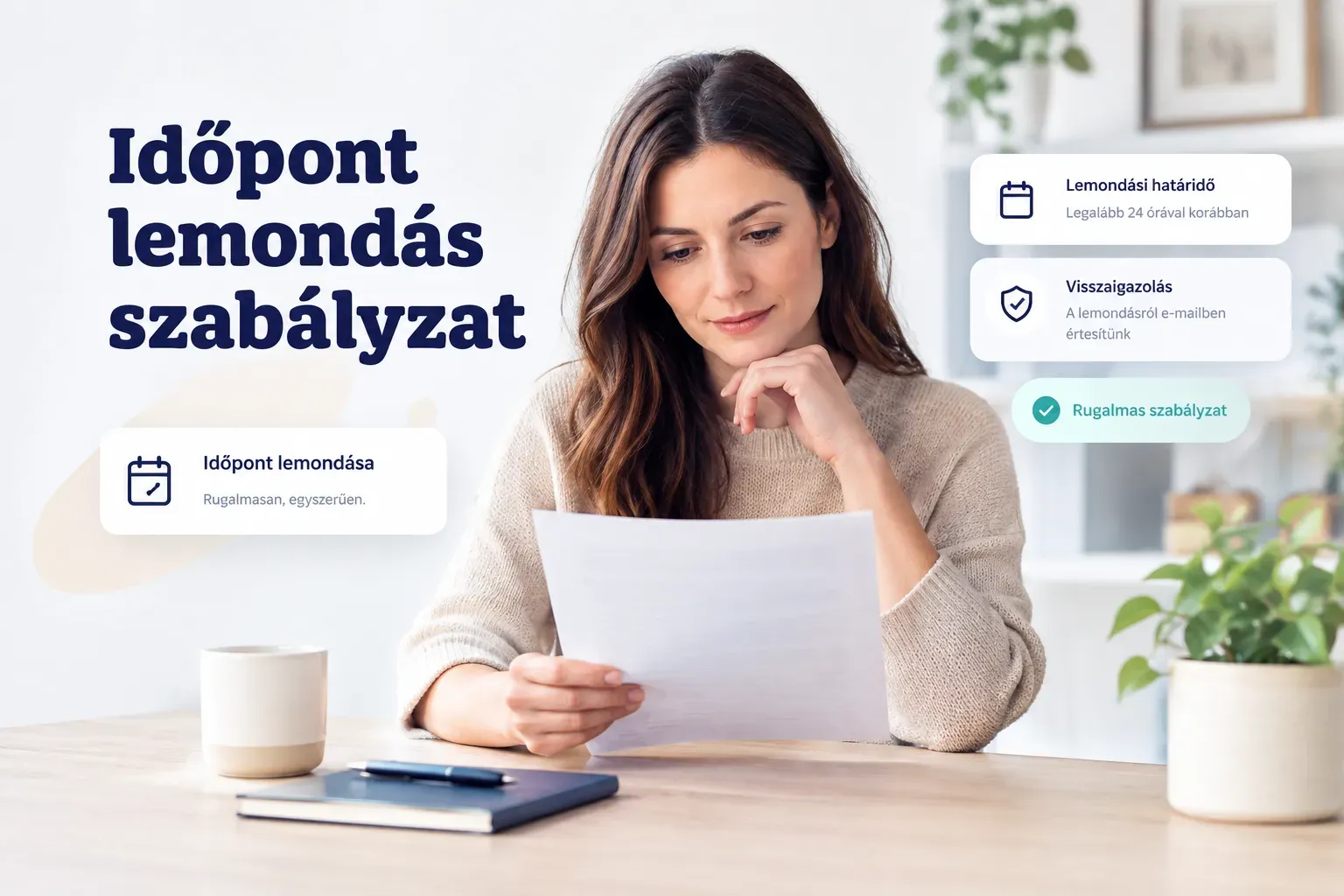 Időpont lemondás szabályzat bemutatása ügyfeleknek naptár és dokumentum ikonokkal illusztrálva