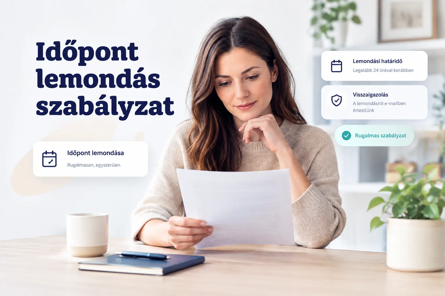 Időpont lemondás szabályzat bemutatása ügyfeleknek naptár és dokumentum ikonokkal illusztrálva