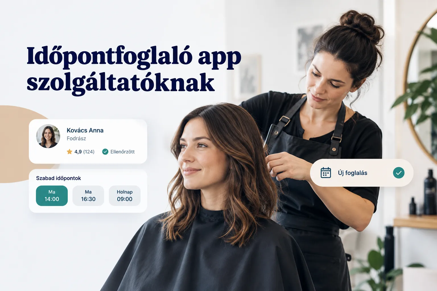 Szolgáltató időpontfoglaló appot használ okostelefonon, ügyfelek foglalásainak kezeléséhez irodában