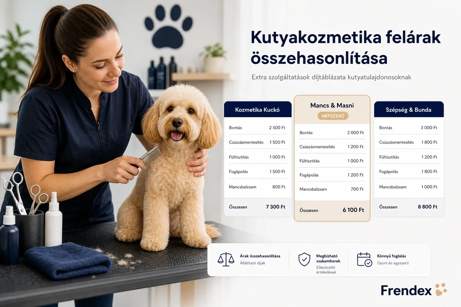 Kutyakozmetika árak felárainak összehasonlítása, extra szolgáltatások díjtáblázata kutyatulajdonosoknak