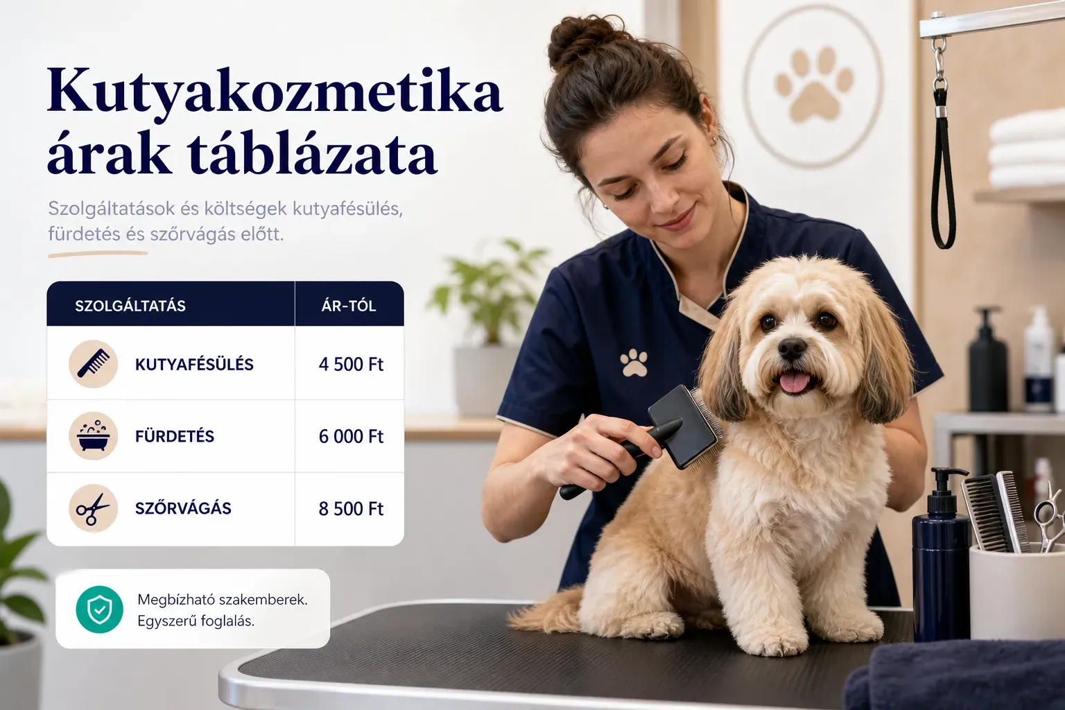 Kutyakozmetika árak táblázata fürdetés, szőrvágás és fésülés szolgáltatásokhoz kutyák számára
