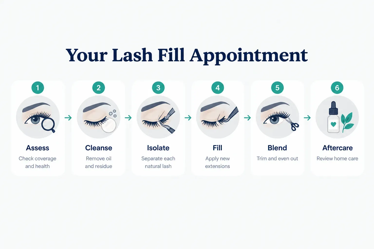 Step-by-step diagram, Your Lash Fill Appointment. 1. Assess, Check coverage and health; 2. Cleanse, Remove oil and…