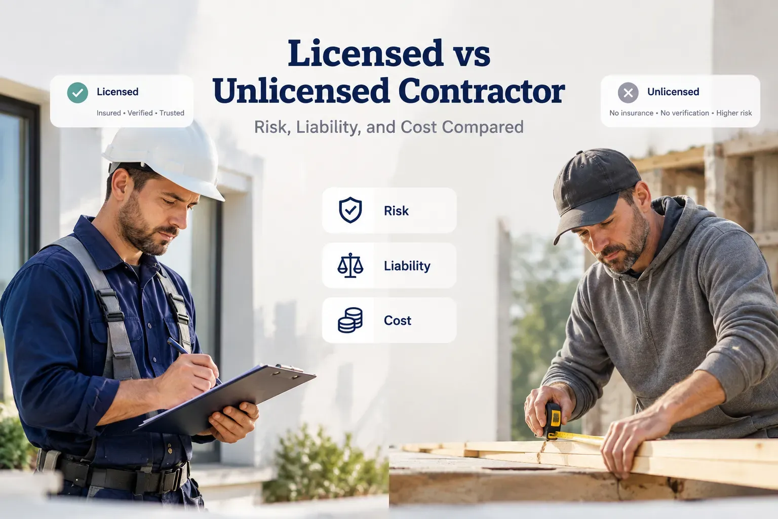 Licensed vs unlicensed contractor comparison showing risk, liability, and cost differences for homeowners