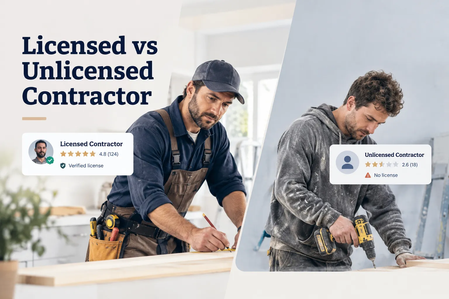 Licensed vs unlicensed contractor comparison showing credentials, insurance, and permits side by side for homeowners