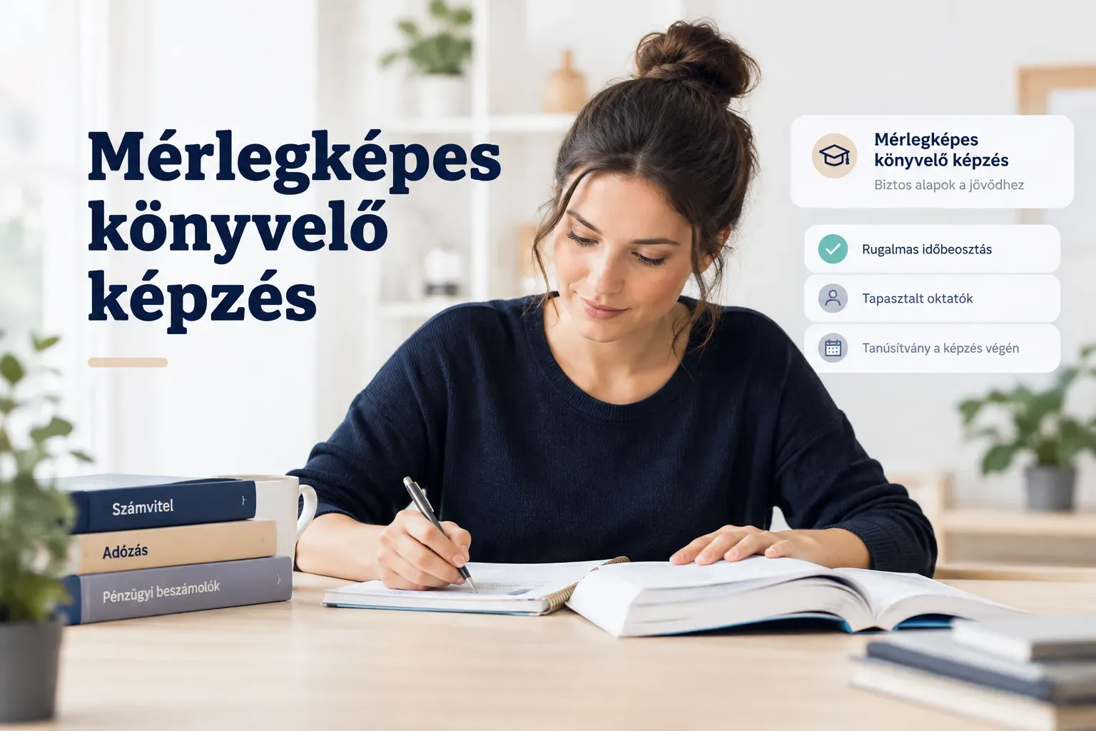Mérlegképes könyvelő képzés hallgatói jegyzetekkel és számológéppel egy tanteremben