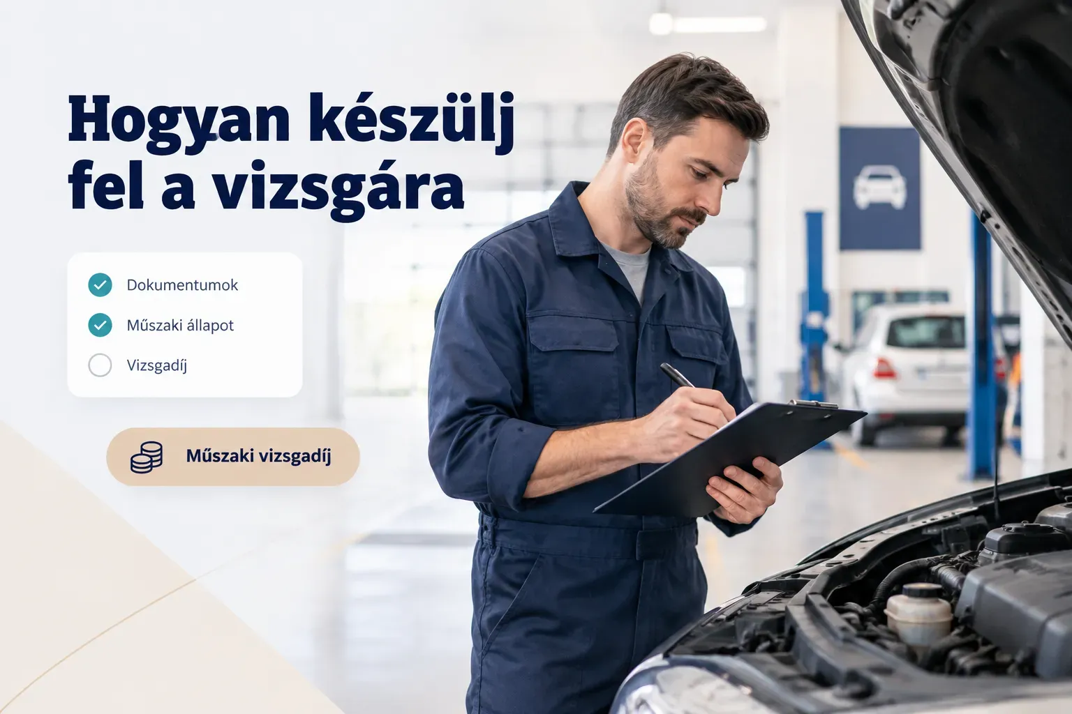 Autó műszaki vizsgadíj összegét és felkészülési lépéseket bemutató illusztráció a sikeres vizsgához