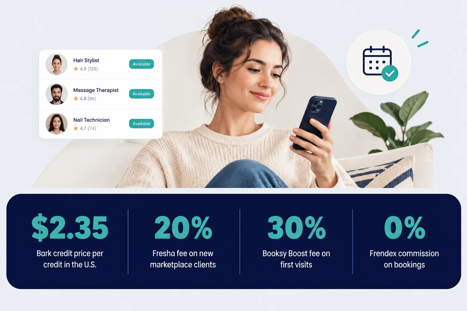 Statistics: $2.35 Bark credit price per credit in the U.S., 20% Fresha fee on new marketplace clients, 30% Booksy Boost fee…