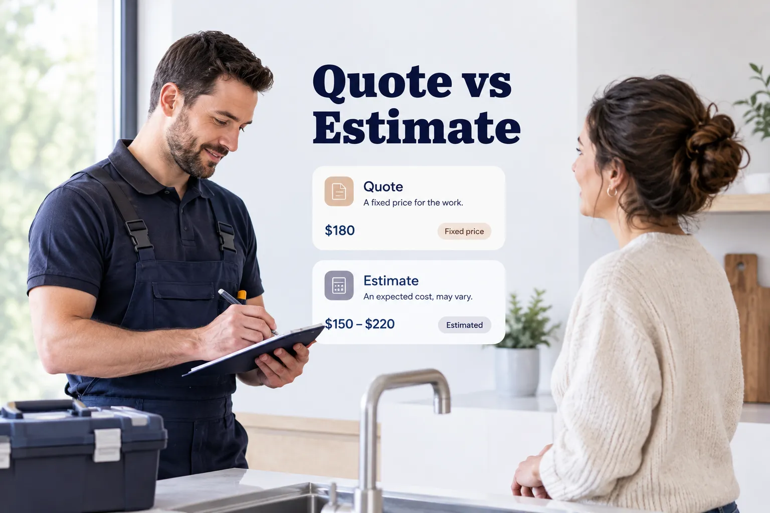 Quote vs estimate comparison chart showing key pricing differences for business proposals