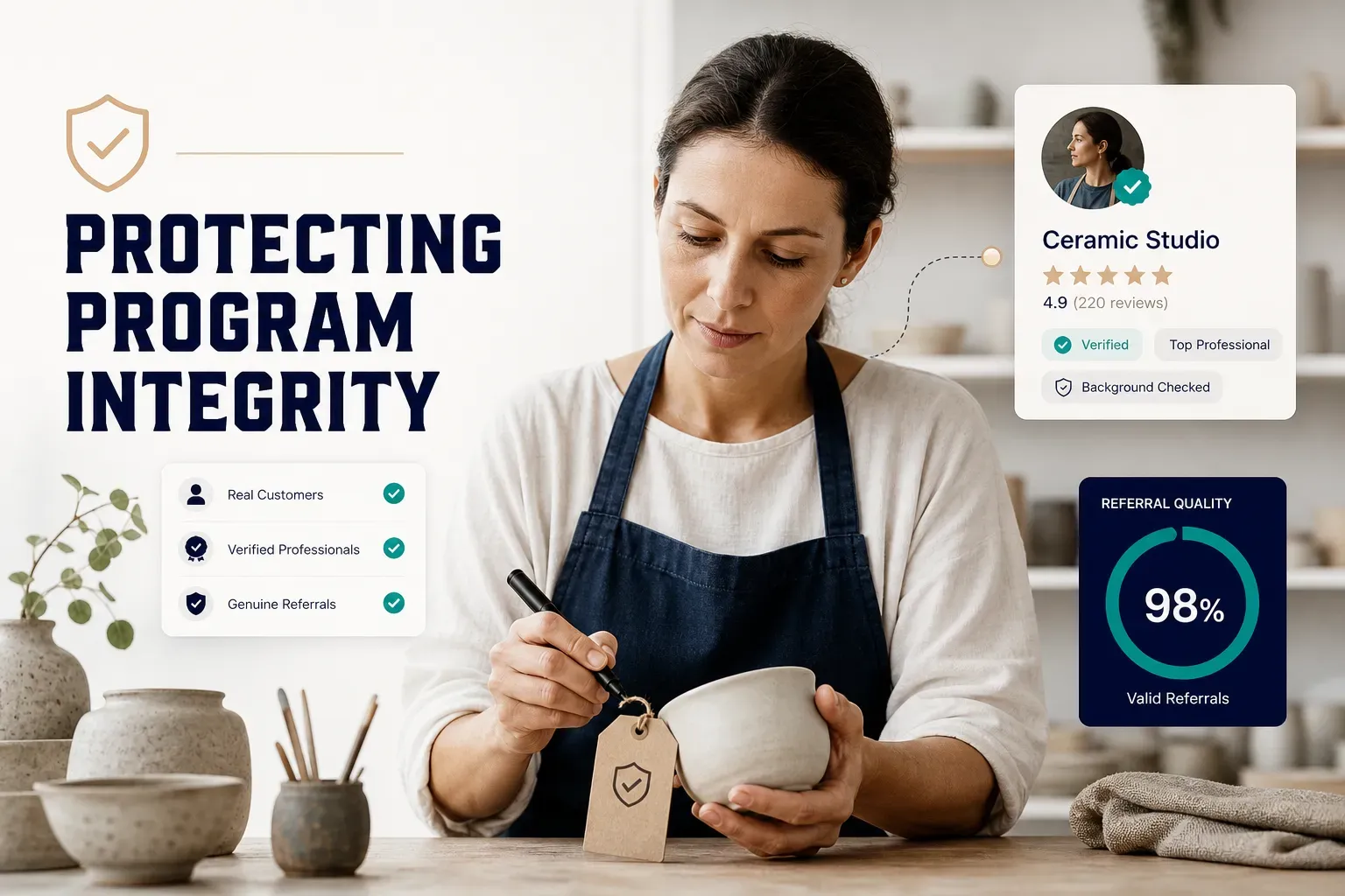Small business owner reviewing referral program safeguards to prevent fraud and protect program integrity