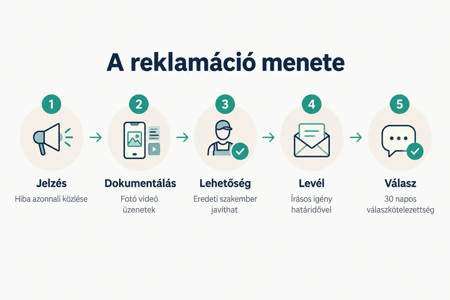 Step-by-step diagram, A reklamáció menete. 1. Jelzés, Hiba azonnali közlése; 2. Dokumentálás, Fotó videó üzenetek; 3…