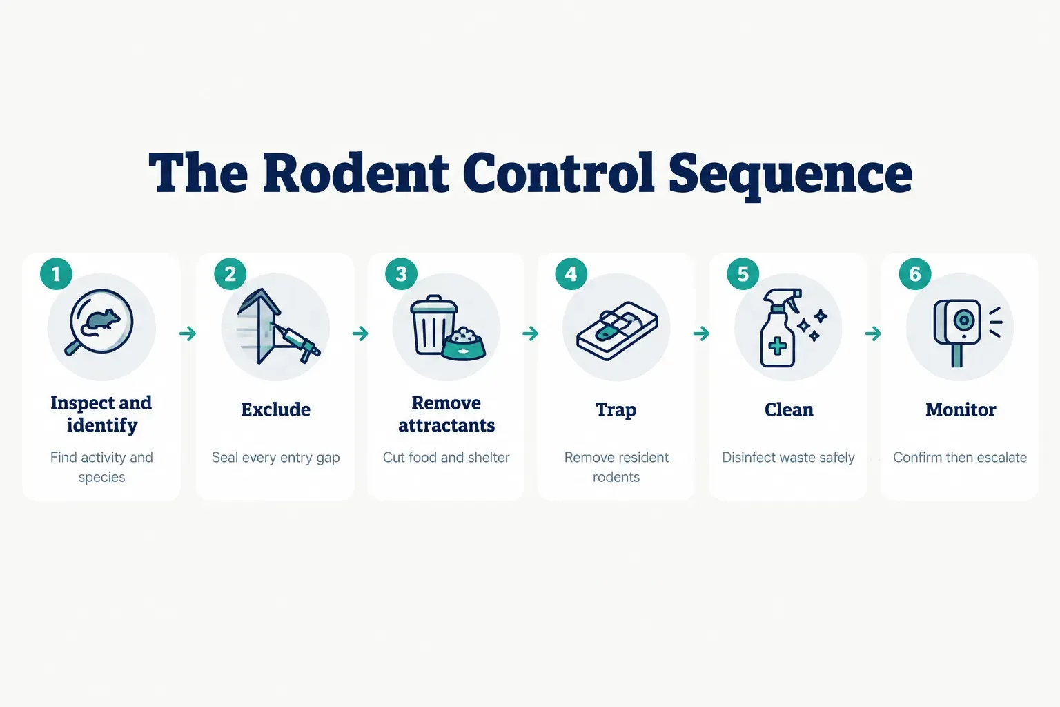 Step-by-step diagram, The Rodent Control Sequence. 1. Inspect and identify, Find activity and species; 2. Exclude, Seal…